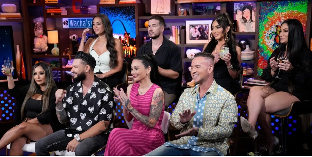 Jersey Shore stars Angelina Pivarnick, Jennifer ‘JWoww’ Farley, Mike Sorrentino, Nicole ’Snooki’ Polizzi, Pauly DelVecchio, Ronald Ortiz-Magro, Samantha Giancola, Vinny Guadagnino, and Deena Nicole Cortese on Watch What Happens Live With Andy Cohen